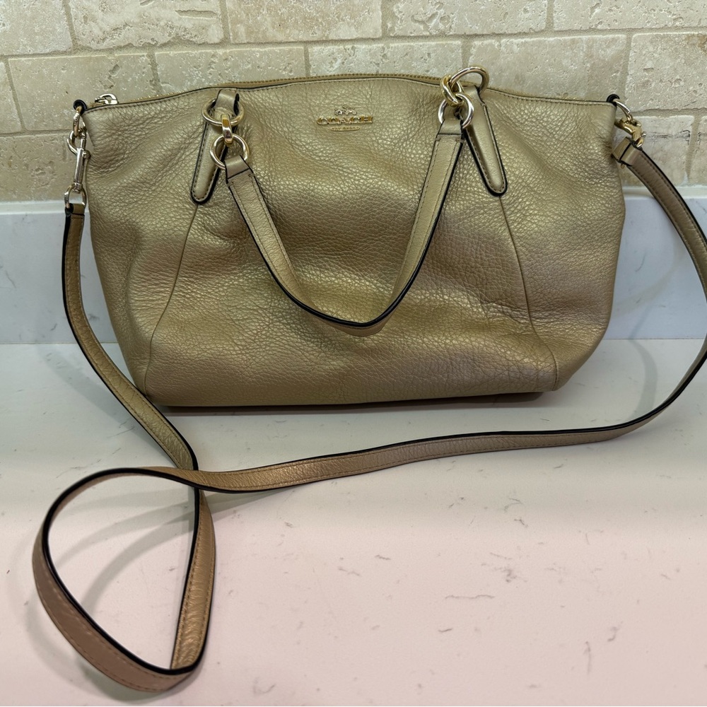 Coach Metallic Champagne Leather Shoulder Bag with Crossbody Strap